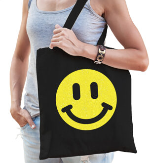 Bellatio Decorations Cadeau tas dames - smiley - zwart - katoen - 42 x 38 cm -Moederdag - verjaardag - Feest Boodschappe