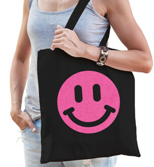 Bellatio Decorations Cadeau tas dames - smiley - zwart - katoen - 42 x 38 cm -Moederdag - verjaardag - Feest Boodschappe