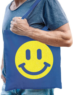 Bellatio Decorations Cadeau tas heren - smiley - blauw - katoen - 42 x 38 cm - Vaderdag - verjaardag - Feest Boodschappe