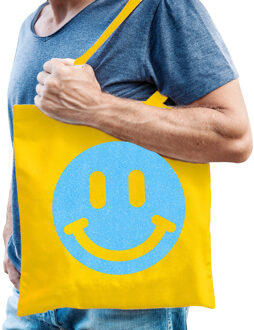 Bellatio Decorations Cadeau tas heren - smiley - geel - katoen - 42 x 38 cm - Vaderdag - verjaardag - Feest Boodschappen