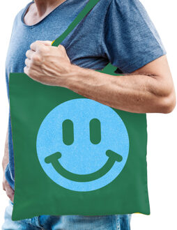 Bellatio Decorations Cadeau tas heren - smiley - groen - katoen - 42 x 38 cm - Vaderdag - verjaardag - Feest Boodschappe