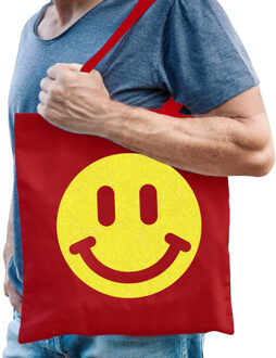 Bellatio Decorations Cadeau tas heren - smiley - rood - katoen - 42 x 38 cm - Vaderdag - verjaardag - Feest Boodschappen