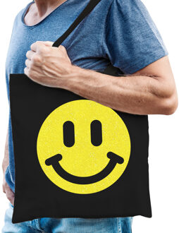 Bellatio Decorations Cadeau tas heren - smiley - zwart - katoen - 42 x 38 cm - Vaderdag - verjaardag - Feest Boodschappe