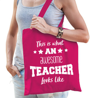 Bellatio Decorations cadeau tas juf-katoen-fuchsia roze -This is what an awesome teacher looks like - Feest Boodschappen