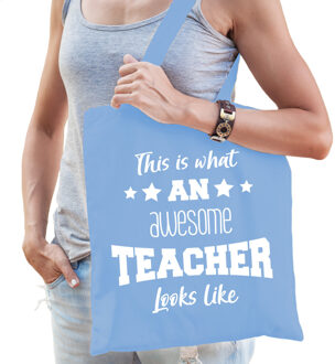 Bellatio Decorations cadeau tas juf - katoen -lichtblauw -This is what an awesome teacher looks like - Feest Boodschappe