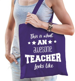 Bellatio Decorations cadeau tas juf - katoen - paars - This is what an awesome teacher looks like - Feest Boodschappenta