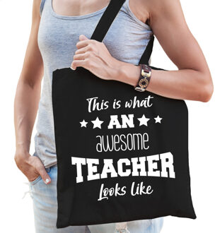 Bellatio Decorations cadeau tas juf - katoen - zwart - This is what an awesome teacher looks like - Feest Boodschappenta