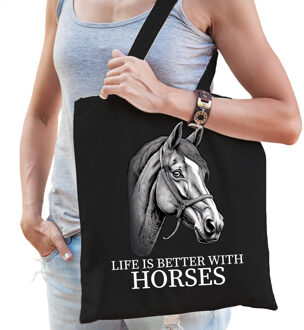 Bellatio Decorations Cadeau tas voor boerderijdierenliefhebber - paarden - zwart - katoen - 42 x 38 cm