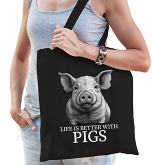 Bellatio Decorations Cadeau tas voor boerderijdierenliefhebber - varkens - zwart - katoen - 42 x 38 cm