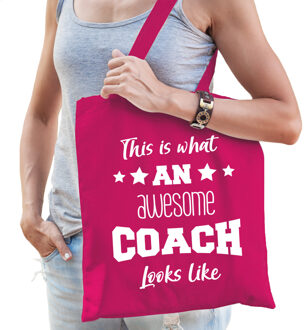 Bellatio Decorations cadeau tas voor coach - katoen - 42 x 38 cm - fuchsia roze - geweldige coach - Feest Boodschappenta