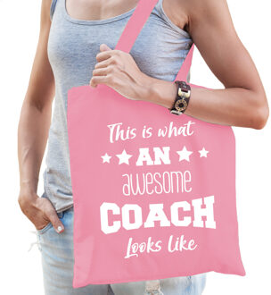 Bellatio Decorations cadeau tas voor coach - katoen - 42 x 38 cm - licht roze - geweldige coach - Feest Boodschappentass