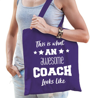 Bellatio Decorations cadeau tas voor coach - katoen - 42 x 38 cm - paars - geweldige coach - Feest Boodschappentassen