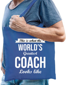 Bellatio Decorations cadeau tas voor coach/trainer - katoen - 42 x 38 cm - Feest Boodschappentassen Blauw