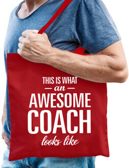 Bellatio Decorations cadeau tas voor coach/trainer - katoen - 42 x 38 cm - geweldige coach - Feest Boodschappentassen Rood