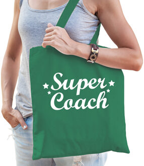 Bellatio Decorations cadeau tas voor coach/trainer - katoen - 42 x 38 cm - super coach - Feest Boodschappentassen Groen