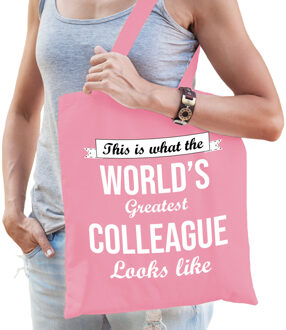 Bellatio Decorations cadeau tas voor collega - roze - katoen - 42 x 38 cm - world's greatest colleague - Feest Boodschap