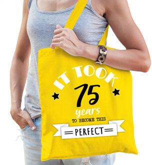 Bellatio Decorations Cadeau tas voor dames - 75 en perfect - geel - katoen - 42 x 38 cm - vijfenzeventig - shopper