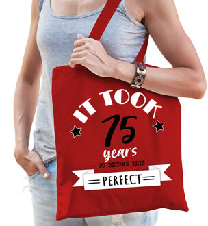 Bellatio Decorations Cadeau tas voor dames - 75 en perfect - rood - katoen - 42 x 38 cm - vijfenzeventig - shopper
