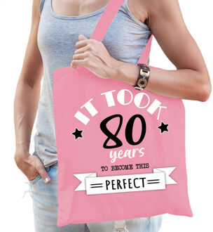 Bellatio Decorations Cadeau tas voor dames - 80 en perfect - lichtroze - katoen - 42 x 38 cm - tachtig - shopper