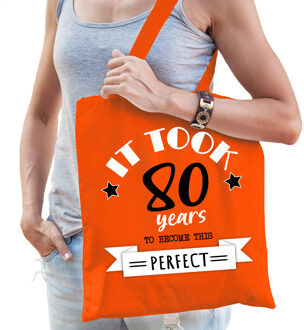 Bellatio Decorations Cadeau tas voor dames - 80 en perfect - oranje - katoen - 42 x 38 cm - tachtig - shopper