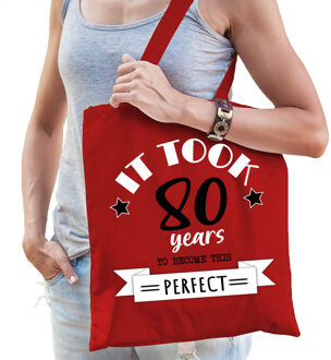 Bellatio Decorations Cadeau tas voor dames - 80 en perfect - rood - katoen - 42 x 38 cm - tachtig - shopper