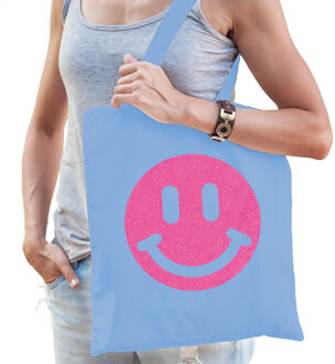 Bellatio Decorations Cadeau tas voor dames - glitter Smile Emoticon - blauw - katoen - 42 x 38 cm - Moederdag - verjaarda Lichtblauw