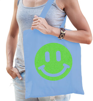 Bellatio Decorations Cadeau tas voor dames - glitter Smile Emoticon - blauw - katoen - 42 x 38 cm - Moederdag - verjaarda