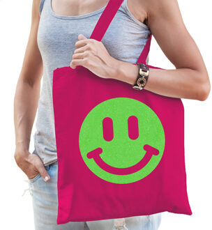 Bellatio Decorations Cadeau tas voor dames - glitter Smile Emoticon - fuchsia - katoen - 42 x 38 cm - Moederdag - verjaar
