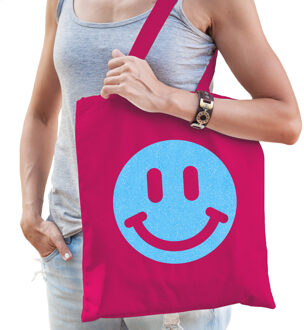 Bellatio Decorations Cadeau tas voor dames - glitter Smile Emoticon - fuchsia - katoen - 42 x 38 cm - Moederdag - verjaar