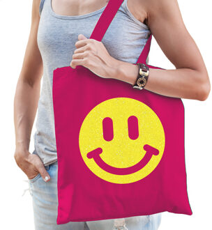 Bellatio Decorations Cadeau tas voor dames - glitter Smile Emoticon - fuchsia - katoen - 42 x 38 cm - Moederdag - verjaar