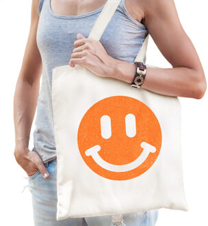 Bellatio Decorations Cadeau tas voor dames - glitter Smile Emoticon - wit - katoen - 42 x 38 cm - Moederdag - verjaardag