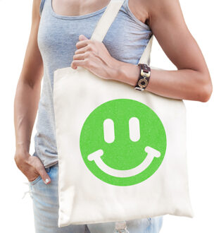 Bellatio Decorations Cadeau tas voor dames - glitter Smile Emoticon - wit - katoen - 42 x 38 cm - Moederdag - verjaardag