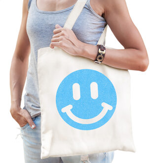 Bellatio Decorations Cadeau tas voor dames - glitter Smile Emoticon - wit - katoen - 42 x 38 cm - Moederdag - verjaardag
