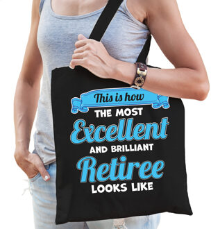 Bellatio Decorations Cadeau tas voor dames - Pensioen - leukste collega - zwart/blauw - katoen - 42 x 38 cm