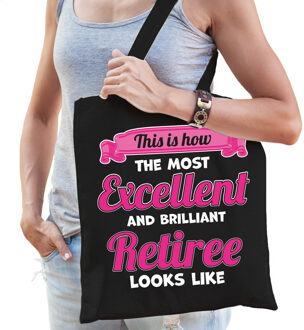 Bellatio Decorations Cadeau tas voor dames - Pensioen - leukste collega - zwart/roze - katoen - 42 x 38 cm