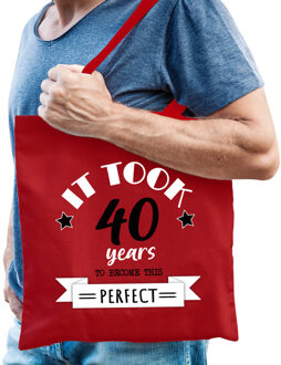 Bellatio Decorations Cadeau tas voor heren - 40 en perfect - rood - katoen - 42 x 38 cm - veertig - shopper