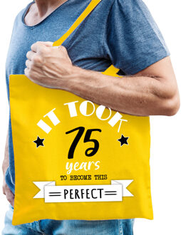 Bellatio Decorations Cadeau tas voor heren - 75 en perfect - geel - katoen - 42 x 38 cm - vijfenzeventig - shopper