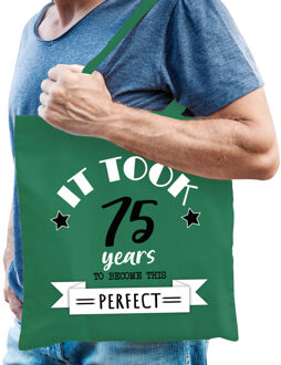 Bellatio Decorations Cadeau tas voor heren - 75 en perfect - groen - katoen - 42 x 38 cm - vijfenzeventig - shopper