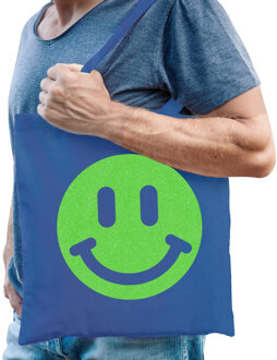 Bellatio Decorations Cadeau tas voor heren - glitter Smile Emoticon - blauw - katoen - 42 x 38 cm - Vaderdag - verjaardag