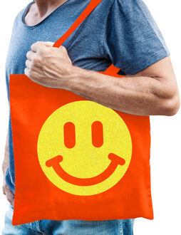 Bellatio Decorations Cadeau tas voor heren - glitter Smile Emoticon - oranje - katoen - 42 x 38 cm - Vaderdag - verjaarda