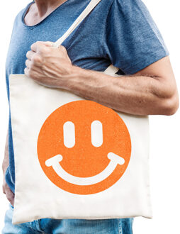 Bellatio Decorations Cadeau tas voor heren - glitter Smile Emoticon - wit - katoen - 42 x 38 cm - Vaderdag - verjaardag