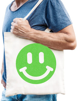 Bellatio Decorations Cadeau tas voor heren - glitter Smile Emoticon - wit - katoen - 42 x 38 cm - Vaderdag - verjaardag