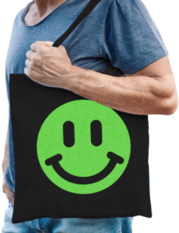 Bellatio Decorations Cadeau tas voor heren - glitter Smile Emoticon - zwart - katoen - 42 x 38 cm - Vaderdag - verjaardag