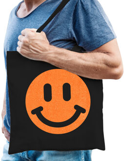 Bellatio Decorations Cadeau tas voor heren - glitter Smile Emoticon - zwart - katoen - 42 x 38 cm - Vaderdag - verjaardag