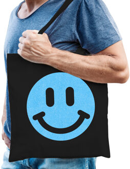 Bellatio Decorations Cadeau tas voor heren - glitter Smile Emoticon - zwart - katoen - 42 x 38 cm - Vaderdag - verjaardag