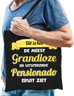 Bellatio Decorations Cadeau tas voor heren - Pensioen - leukste collega - zwart/geel - katoen - 42 x 38 cm