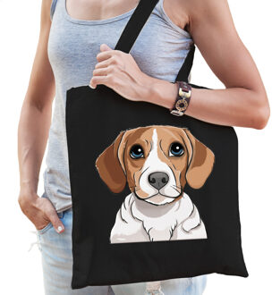 Bellatio Decorations Cadeau tas voor hondenliefhebbers - zwart - Beagle hond - cartoon - katoen - 42 x 38 cm