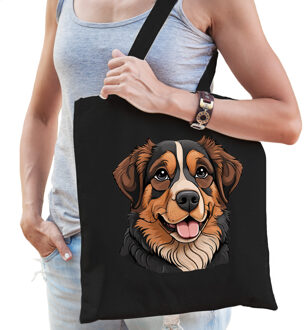 Bellatio Decorations Cadeau tas voor hondenliefhebbers - zwart - Berner Sennen hond - cartoon - katoen - 42 x 38 cm