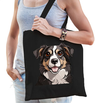 Bellatio Decorations Cadeau tas voor hondenliefhebbers - zwart - Border Collie hond - cartoon - katoen - 42 x 38 cm