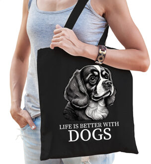 Bellatio Decorations Cadeau tas voor hondenliefhebbers - zwart - Cavalier King Charles hond - katoen - 42 x 38 cm